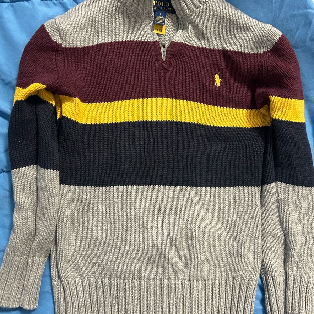 Polo by Ralph Lauren boys Gray, Burgundy, and Yellow Zip-Up Sweater